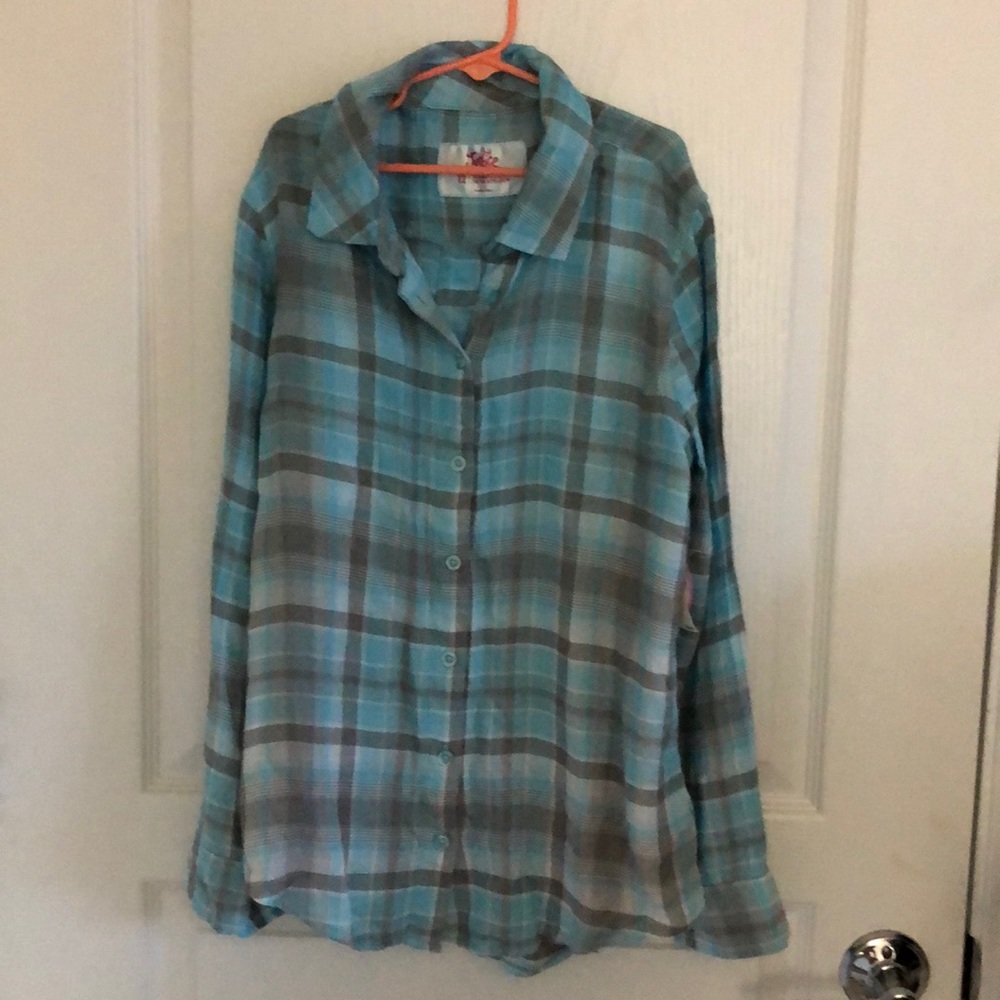 NWT Justice girls plaid shirt blue grey Sz 12